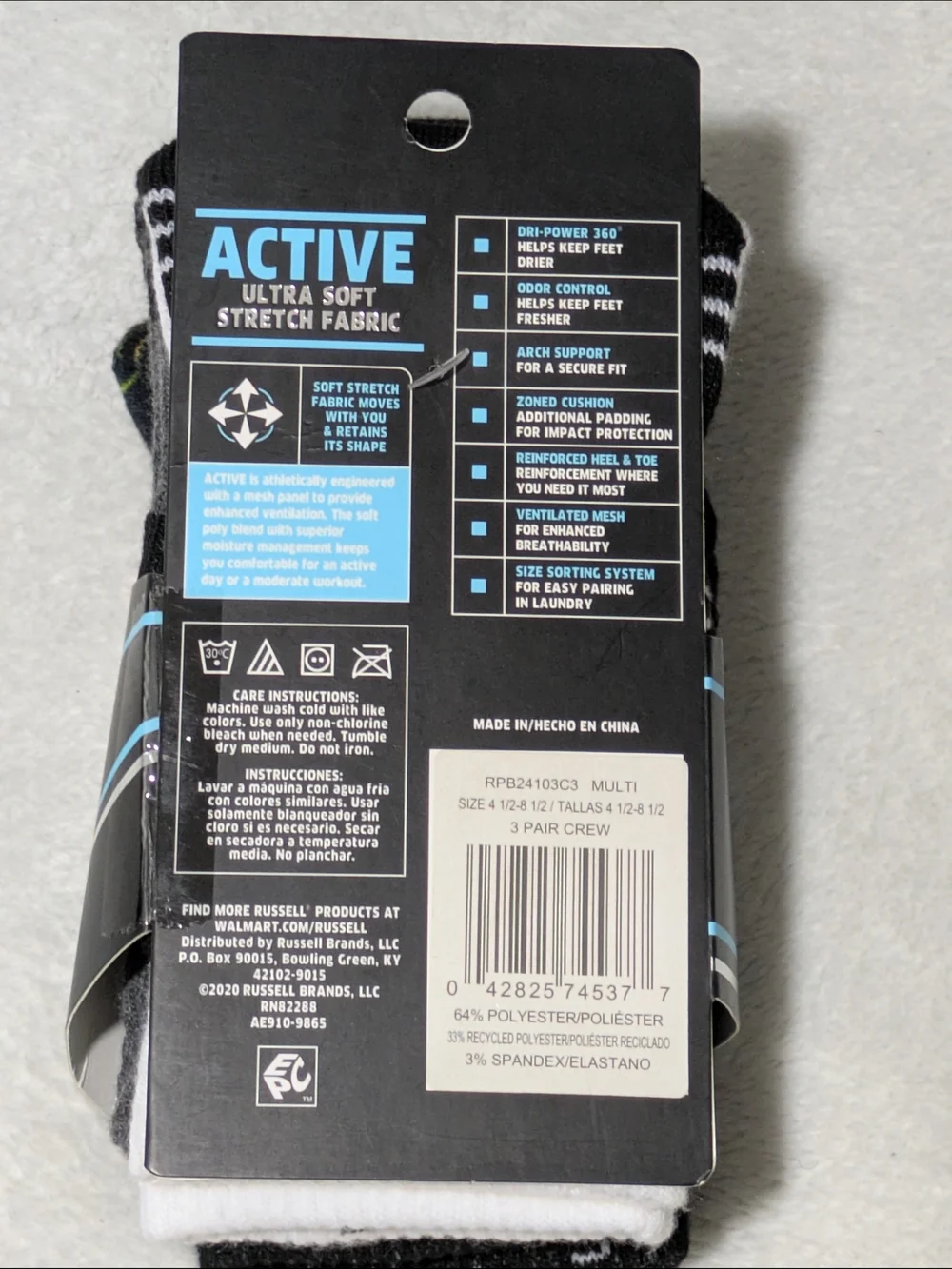 Russell Athletic Boys Size Small S 6/7 3-Pack Crew Socks Performance Active